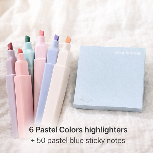 6 Pastel Colors highlighters + 50 pastel blue sticky notes