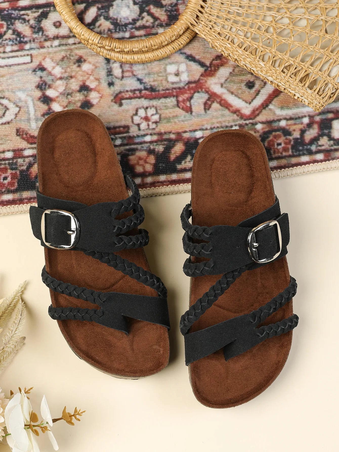 Women's Stylish Beach Flip-Flops Sandals with Faux Leather Insoles Adjustable Buckle Easy to Wear Comfortable for Summer