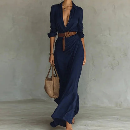 Holiday Buttons Draped Chic Party Dress Spring Autumn Women Turn Down Collar Simple Maxi Dress Long Sleeve Elegant Ladies Dress