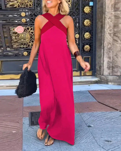 Women's Cross Halter Neck Sleeveless Stitching Dress Summer Casual Loose Beach Off Shoulder Holiday Halter Blocked Long Dress