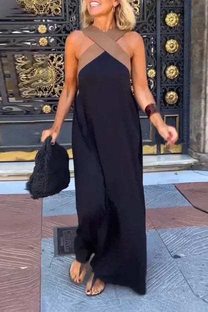 Women's Cross Halter Neck Sleeveless Stitching Dress Summer Casual Loose Beach Off Shoulder Holiday Halter Blocked Long Dress