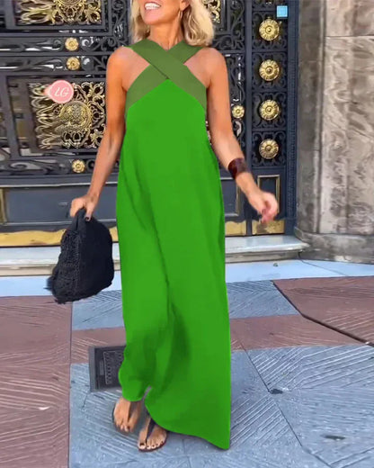 Women's Cross Halter Neck Sleeveless Stitching Dress Summer Casual Loose Beach Off Shoulder Holiday Halter Blocked Long Dress