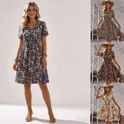2026 Summer Bohemian A-line Dress Daily Vestidos Lady Women's Casual Dresses Personality Retro V-link Floral Print Short Sleeves