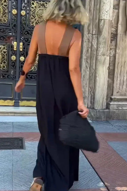 Women's Cross Halter Neck Sleeveless Stitching Dress Summer Casual Loose Beach Off Shoulder Holiday Halter Blocked Long Dress