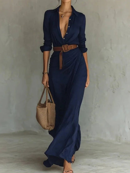 Holiday Buttons Draped Chic Party Dress Spring Autumn Women Turn Down Collar Simple Maxi Dress Long Sleeve Elegant Ladies Dress