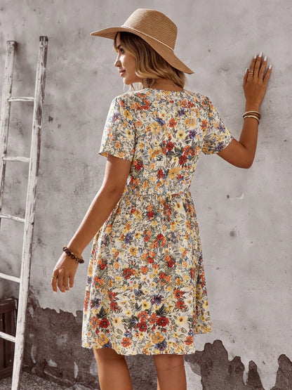 2026 Summer Bohemian A-line Dress Daily Vestidos Lady Women's Casual Dresses Personality Retro V-link Floral Print Short Sleeves