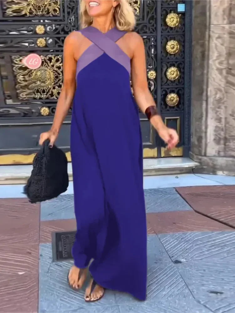 Women's Cross Halter Neck Sleeveless Stitching Dress Summer Casual Loose Beach Off Shoulder Holiday Halter Blocked Long Dress
