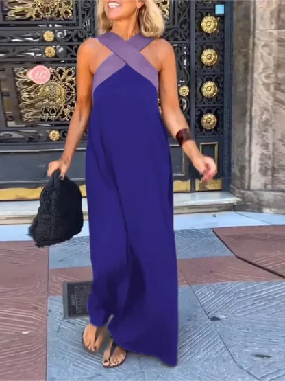Women's Cross Halter Neck Sleeveless Stitching Dress Summer Casual Loose Beach Off Shoulder Holiday Halter Blocked Long Dress