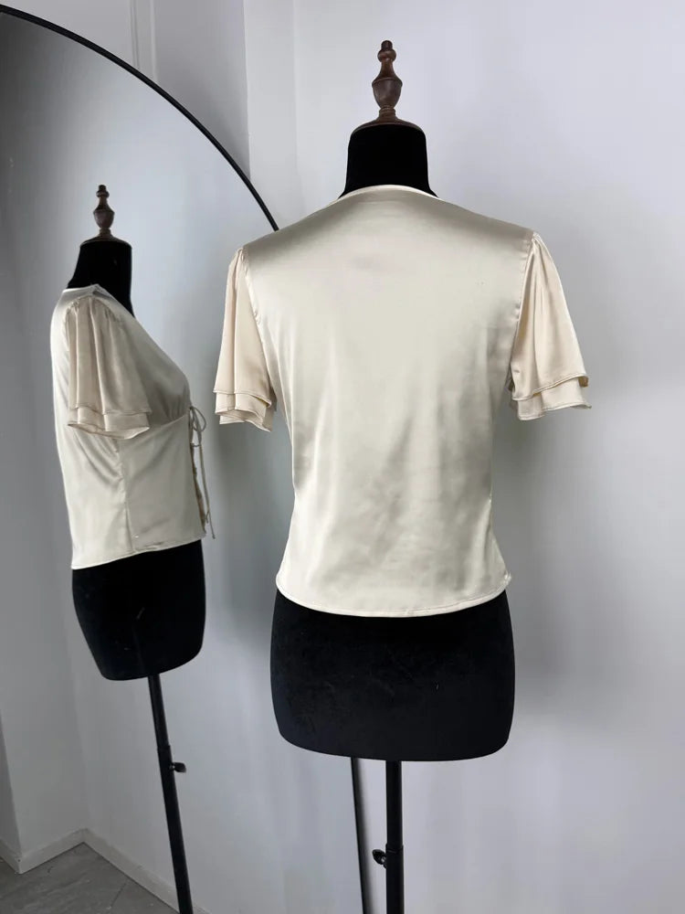 Tossy Lace Summer V-Neck T-shirt Top For Women Lace-Up Hollow Out Short Sleeve Printed Cropped Top Pullover Female Bandage Tee
