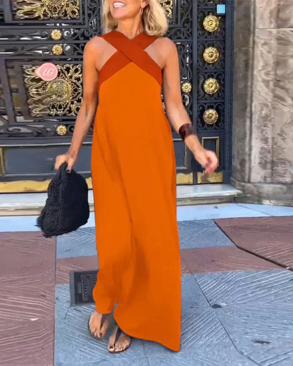 Women's Cross Halter Neck Sleeveless Stitching Dress Summer Casual Loose Beach Off Shoulder Holiday Halter Blocked Long Dress