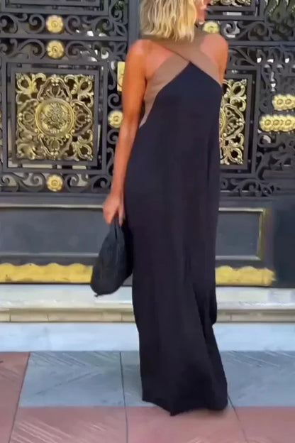 Women's Cross Halter Neck Sleeveless Stitching Dress Summer Casual Loose Beach Off Shoulder Holiday Halter Blocked Long Dress