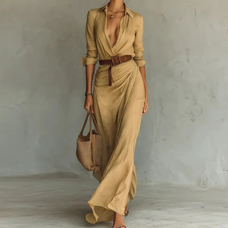 Holiday Buttons Draped Chic Party Dress Spring Autumn Women Turn Down Collar Simple Maxi Dress Long Sleeve Elegant Ladies Dress