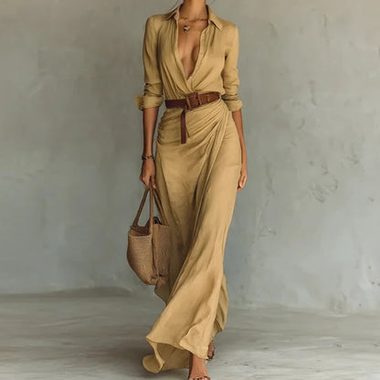 Holiday Buttons Draped Chic Party Dress Spring Autumn Women Turn Down Collar Simple Maxi Dress Long Sleeve Elegant Ladies Dress