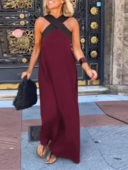 Women's Cross Halter Neck Sleeveless Stitching Dress Summer Casual Loose Beach Off Shoulder Holiday Halter Blocked Long Dress