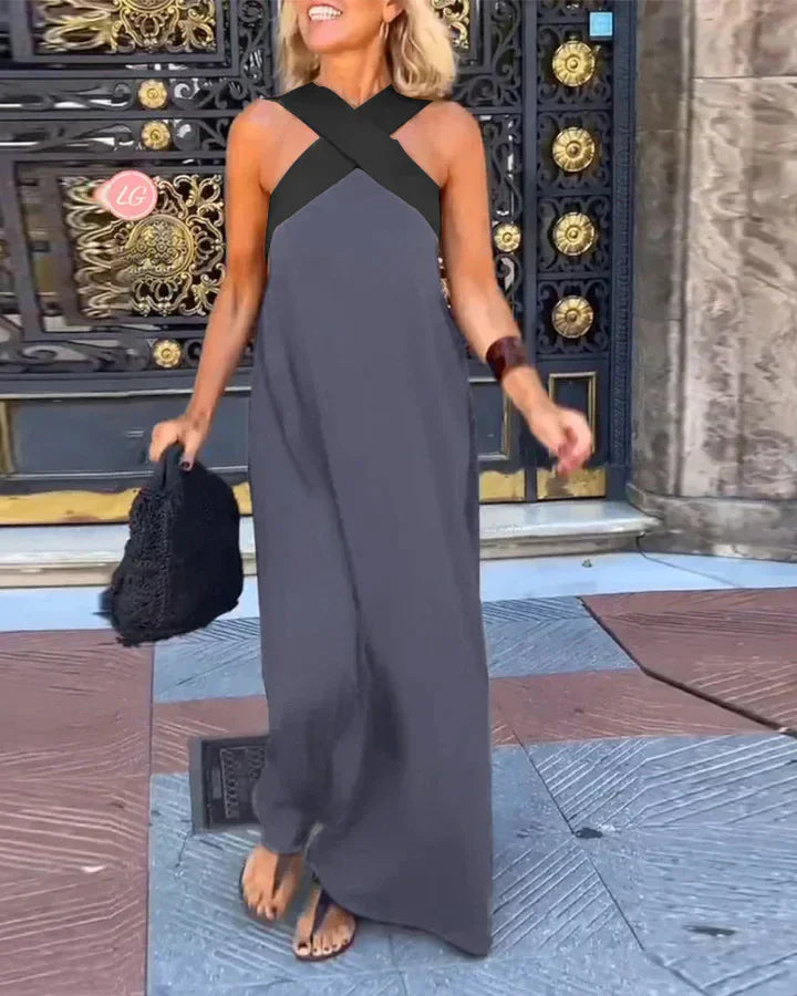 Women's Cross Halter Neck Sleeveless Stitching Dress Summer Casual Loose Beach Off Shoulder Holiday Halter Blocked Long Dress