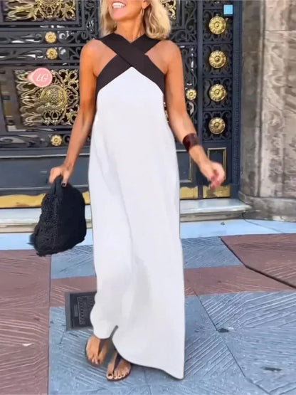 Women's Cross Halter Neck Sleeveless Stitching Dress Summer Casual Loose Beach Off Shoulder Holiday Halter Blocked Long Dress