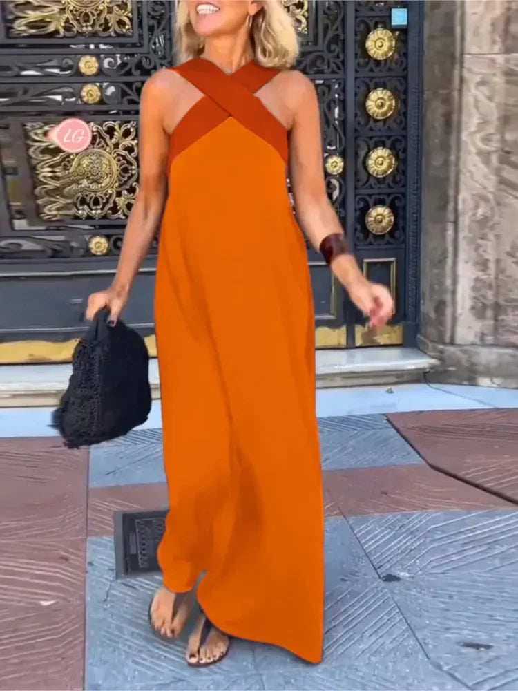 Women's Cross Halter Neck Sleeveless Stitching Dress Summer Casual Loose Beach Off Shoulder Holiday Halter Blocked Long Dress