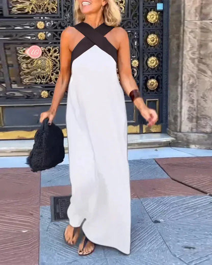 Women's Cross Halter Neck Sleeveless Stitching Dress Summer Casual Loose Beach Off Shoulder Holiday Halter Blocked Long Dress