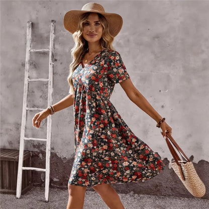 2026 Summer Bohemian A-line Dress Daily Vestidos Lady Women's Casual Dresses Personality Retro V-link Floral Print Short Sleeves