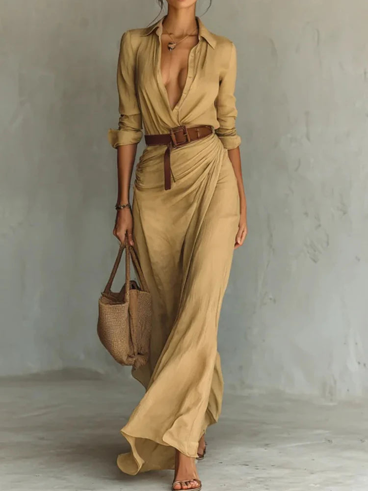 Holiday Buttons Draped Chic Party Dress Spring Autumn Women Turn Down Collar Simple Maxi Dress Long Sleeve Elegant Ladies Dress