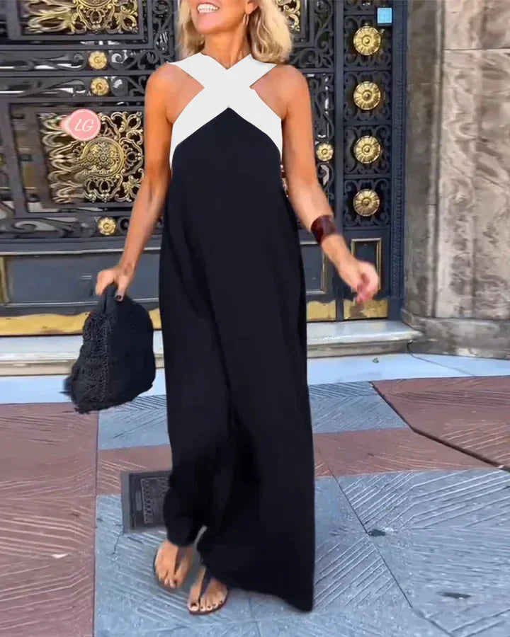 Women's Cross Halter Neck Sleeveless Stitching Dress Summer Casual Loose Beach Off Shoulder Holiday Halter Blocked Long Dress
