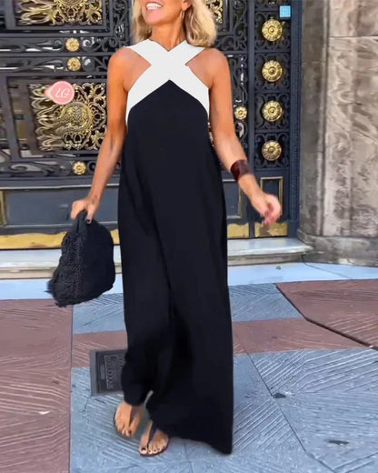 Women's Cross Halter Neck Sleeveless Stitching Dress Summer Casual Loose Beach Off Shoulder Holiday Halter Blocked Long Dress