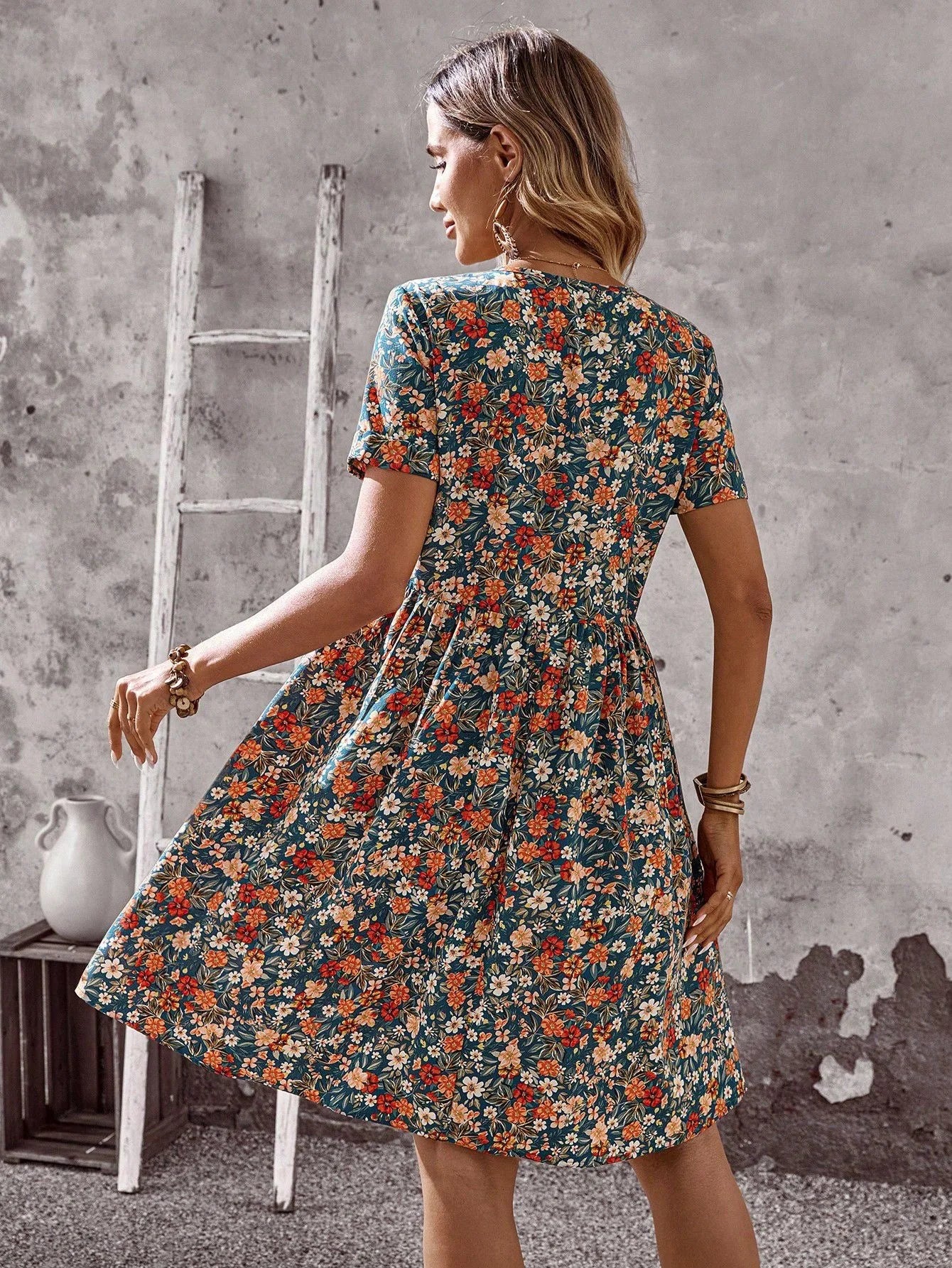 2026 Summer Bohemian A-line Dress Daily Vestidos Lady Women's Casual Dresses Personality Retro V-link Floral Print Short Sleeves