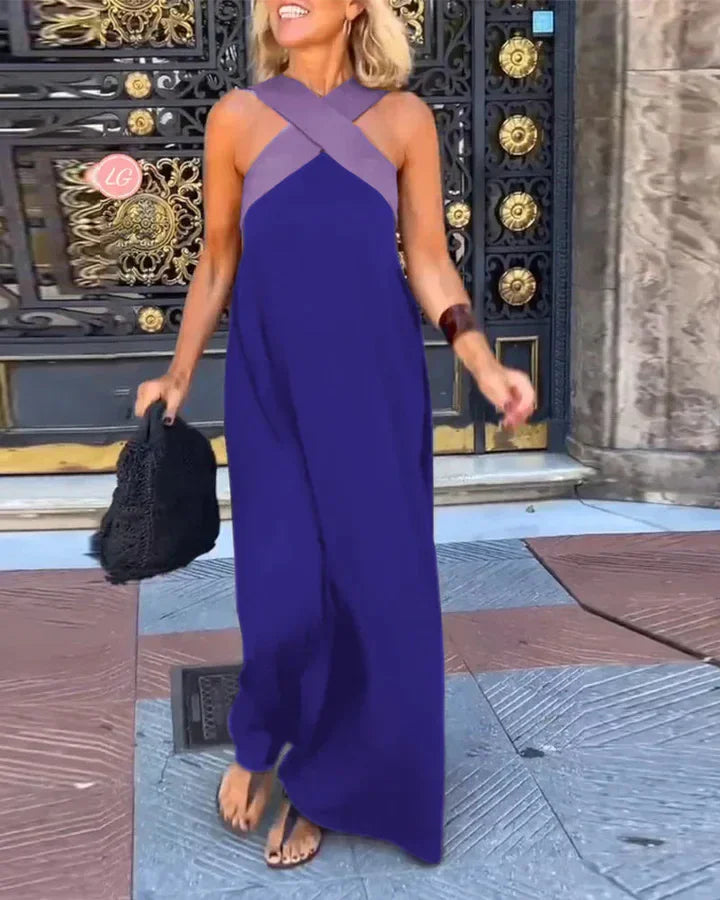 Women's Cross Halter Neck Sleeveless Stitching Dress Summer Casual Loose Beach Off Shoulder Holiday Halter Blocked Long Dress