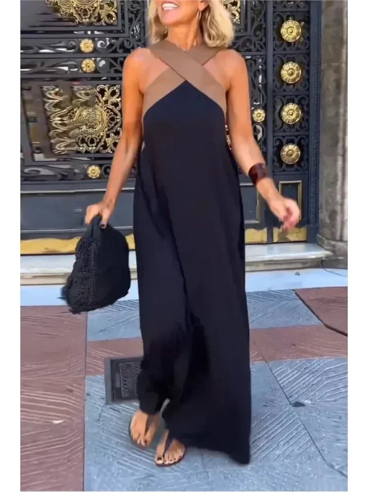 Women's Cross Halter Neck Sleeveless Stitching Dress Summer Casual Loose Beach Off Shoulder Holiday Halter Blocked Long Dress