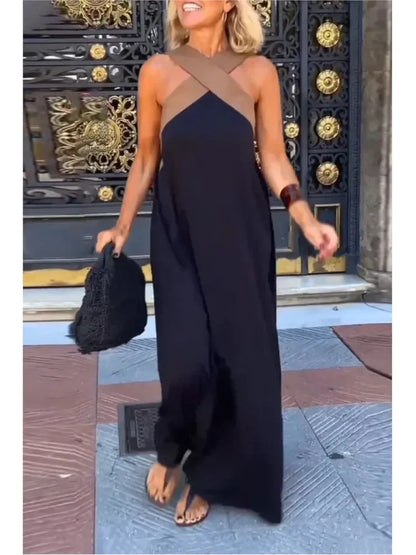 Women's Cross Halter Neck Sleeveless Stitching Dress Summer Casual Loose Beach Off Shoulder Holiday Halter Blocked Long Dress