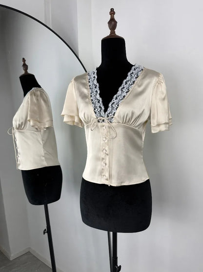 Tossy Lace Summer V-Neck T-shirt Top For Women Lace-Up Hollow Out Short Sleeve Printed Cropped Top Pullover Female Bandage Tee