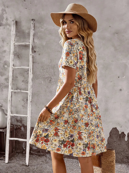 2026 Summer Bohemian A-line Dress Daily Vestidos Lady Women's Casual Dresses Personality Retro V-link Floral Print Short Sleeves