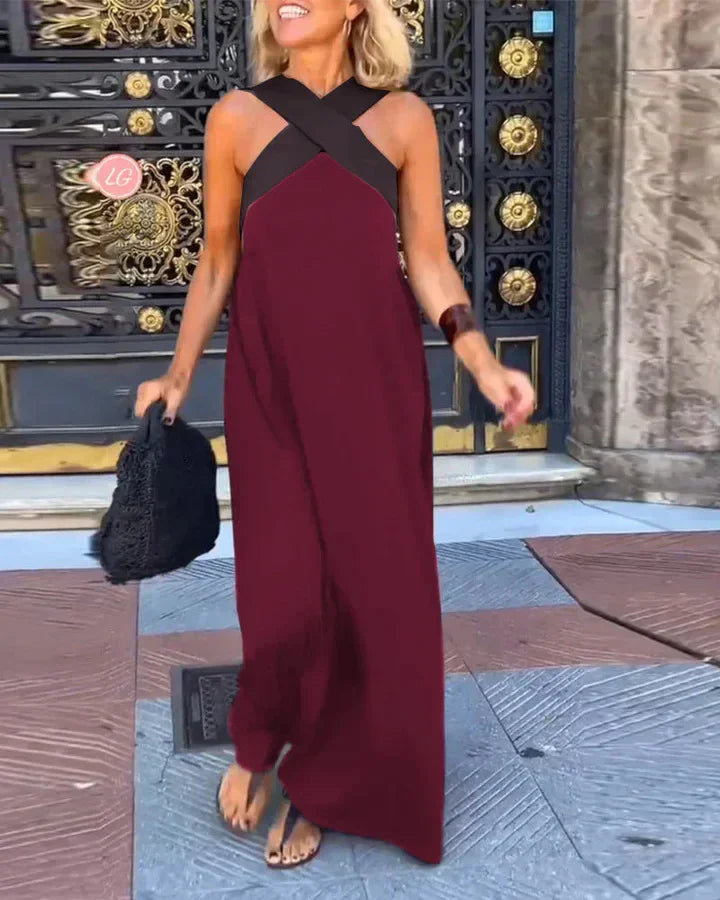 Women's Cross Halter Neck Sleeveless Stitching Dress Summer Casual Loose Beach Off Shoulder Holiday Halter Blocked Long Dress