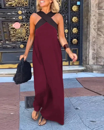 Women's Cross Halter Neck Sleeveless Stitching Dress Summer Casual Loose Beach Off Shoulder Holiday Halter Blocked Long Dress
