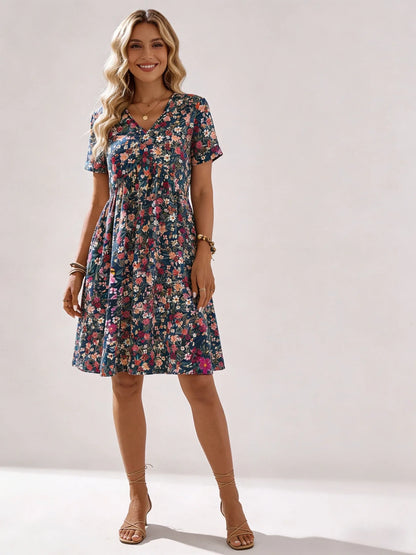 2026 Summer Bohemian A-line Dress Daily Vestidos Lady Women's Casual Dresses Personality Retro V-link Floral Print Short Sleeves