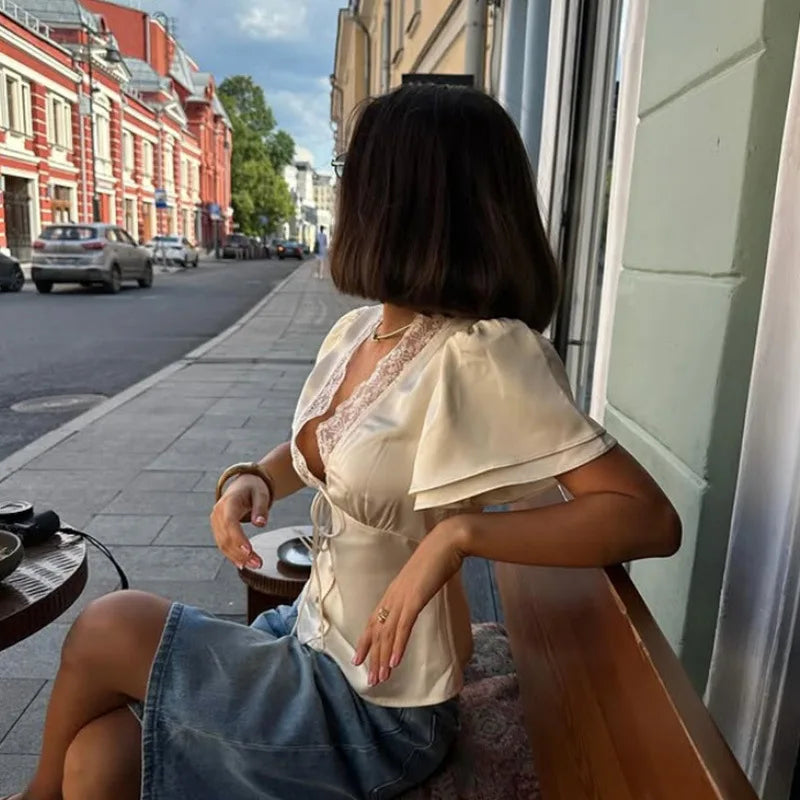 Tossy Lace Summer V-Neck T-shirt Top For Women Lace-Up Hollow Out Short Sleeve Printed Cropped Top Pullover Female Bandage Tee