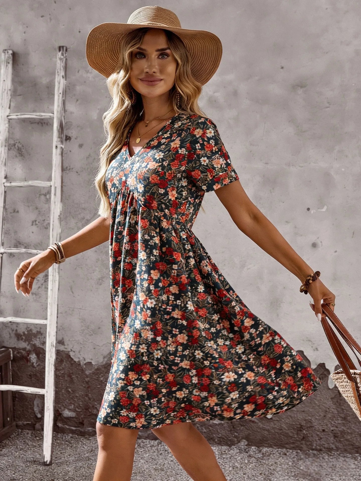 2026 Summer Bohemian A-line Dress Daily Vestidos Lady Women's Casual Dresses Personality Retro V-link Floral Print Short Sleeves