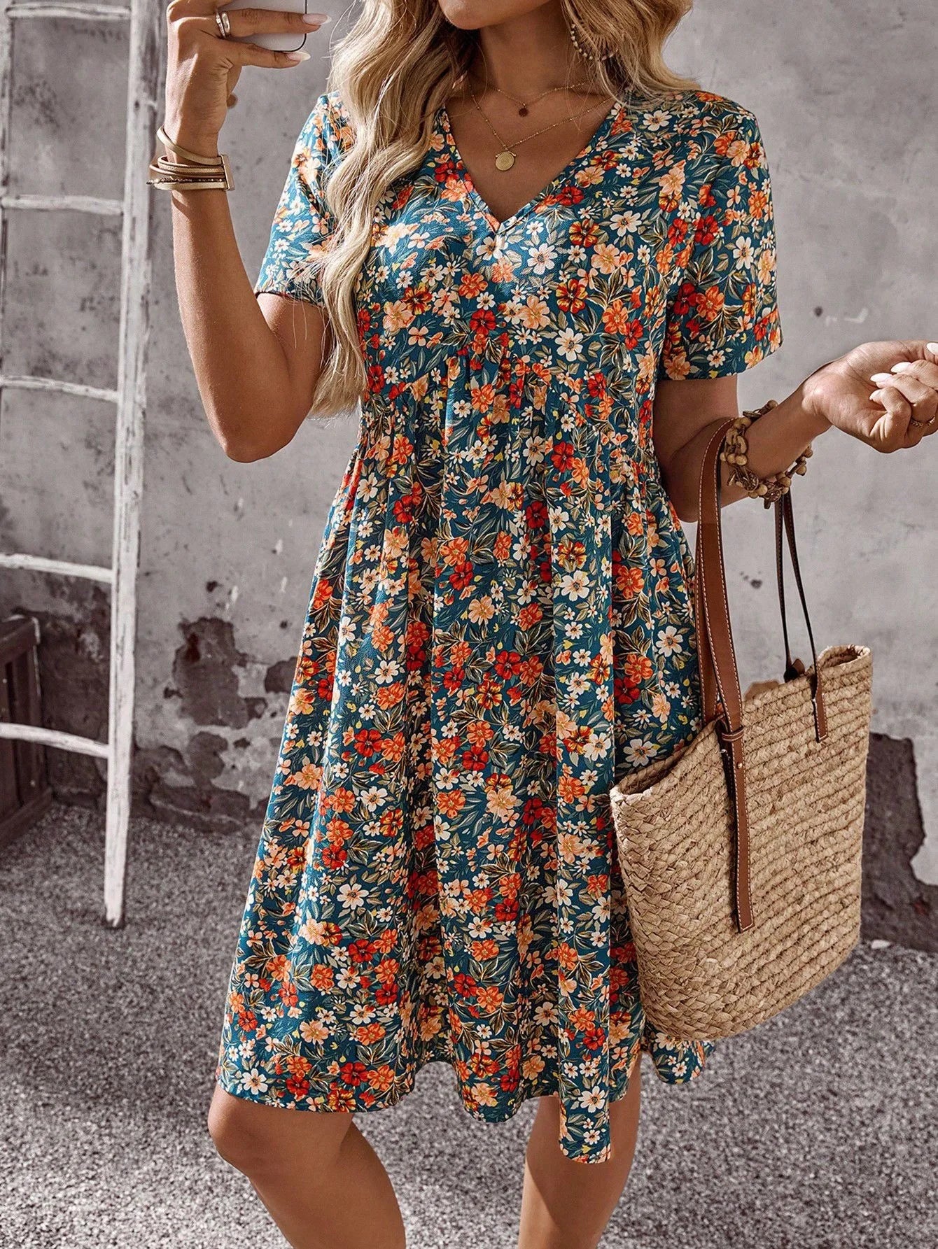 2026 Summer Bohemian A-line Dress Daily Vestidos Lady Women's Casual Dresses Personality Retro V-link Floral Print Short Sleeves