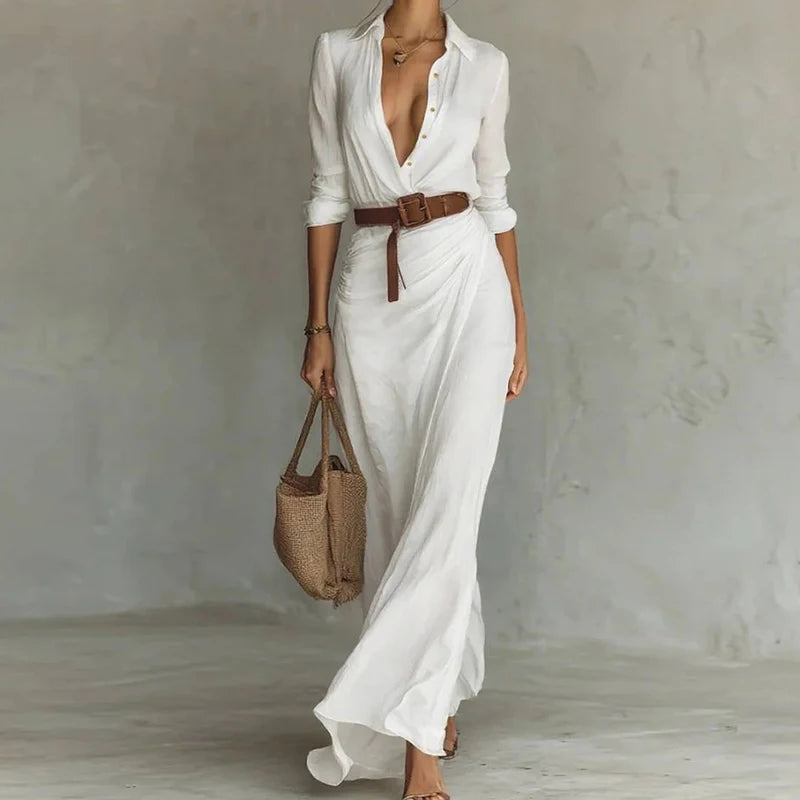Holiday Buttons Draped Chic Party Dress Spring Autumn Women Turn Down Collar Simple Maxi Dress Long Sleeve Elegant Ladies Dress