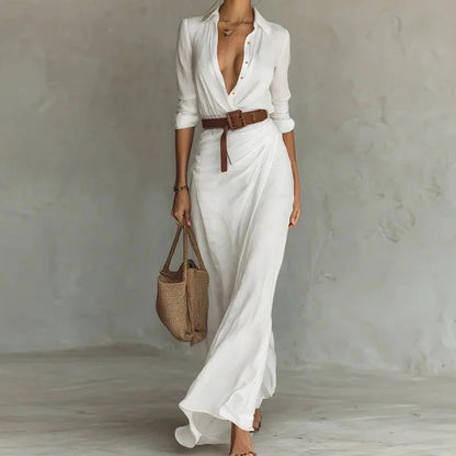 Holiday Buttons Draped Chic Party Dress Spring Autumn Women Turn Down Collar Simple Maxi Dress Long Sleeve Elegant Ladies Dress